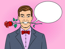 Man With Rose Flower Pop Art Vector Illustration