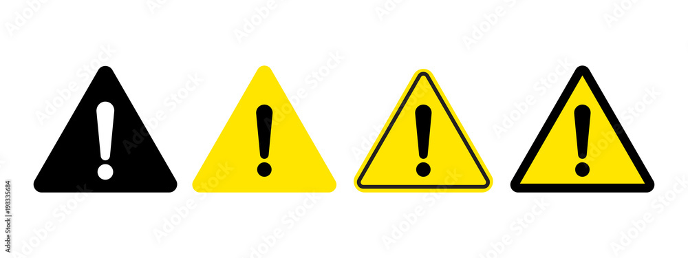Exclamation mark of warning attention icon. Vector yellow attention warning triangle alert set - obrazy, fototapety, plakaty 
