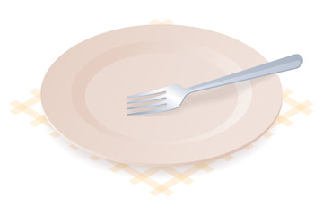 Flat isometric illustration of empty plate with fork. The clean ceramic dish on the napkin. The ingestion, eating, lunch, dinner, food, utensil vector concept isolated on white background.