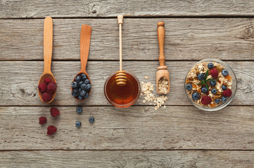 Healthy morning meals background. Tasty ingredients in wooden sp