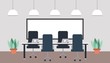 © Gstudio - workspace interior - office meeting room table laptops chairs plants vector illustration