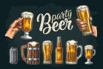 Wall Mural - Two hands holding beer glasses mug. Glass, can, bottle. Vintage vector engraving illustration for web, poster, invitation to beer party. Isolated on dark background