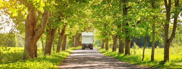 Lorry on asphalt road on spring day at park. Truck moving on alley in summer