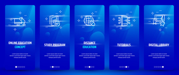 Online education concept, Study program, Distance education, Tutorials, Digital library Vertical Cards with strong metaphors.