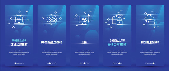 Mobile app development , Program coding, Seo, Digital law and copyright, Secure backup Vertical Cards with strong metaphors.