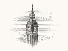 Elizabeth Tower (Big Ben) Hand Drawn Illustration. Vector.