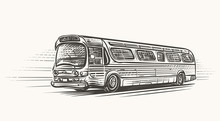 Old Retro Vintage Bus Hand Drawn Illustration. Vector. 