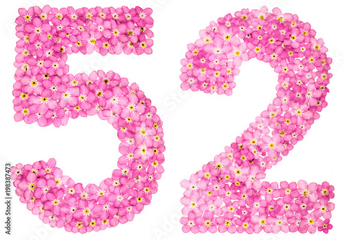 Fotografia Arabic numeral 52, fifty two, from pink forget-me-not flowers, isolated on white