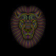 Engraving of stylized psychedelic lion on black background. Linear drawing.