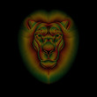 Engraving of stylized rasta lion on black background. Linear drawing.