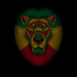 Engraving of stylized rasta lion on black background. Linear drawing.
