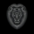 Engraving of stylized silver lion on black background