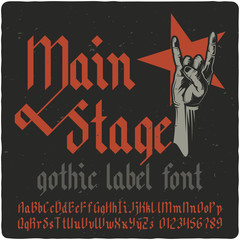 Wall Mural - Gothic vintage typeface. Black-letter fracture font with rock music theme illustration.