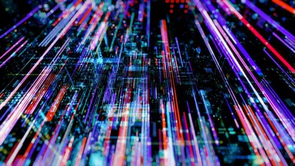 Abstract digital abstract virtual city. Scanning city for hackers attack concept. Software developer, programming, binary computer code with technology and connection concept. 3D render 4K loop