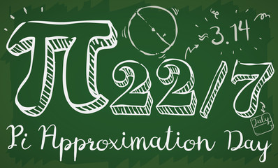 Banner of a math class with doodle drawings, date like fraction and giant pi symbol to commemorate on 22nd July the Pi Approximation Day.