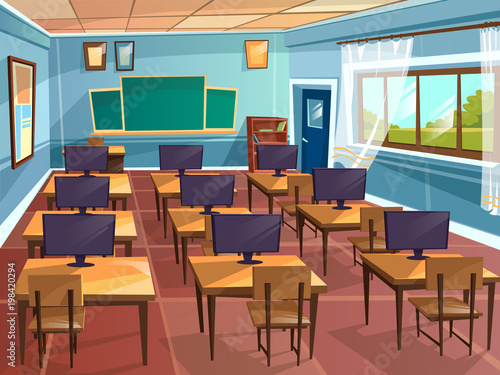 picture Board Classroom Cartoon Background https stock adobe com images vector cartoon empty high school college university computer science classroom background illustration room interior indoor objects desk table chair desktop monitor board learning education concept 198420294 start checkout 1 content id 198420294