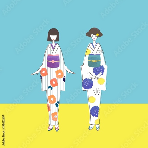 レトロモダン花柄の着物の女の子二人組の水彩タッチ手描き風イラスト Vector De Stock Adobe Stock