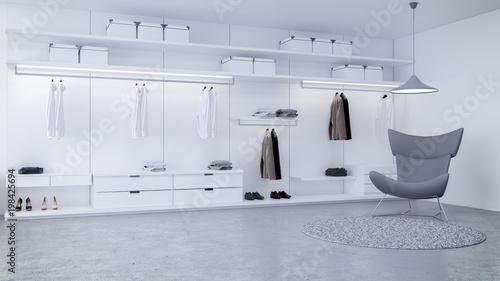 Modern Loft Walk In Closet And White Wardrobe Interior Design 3d