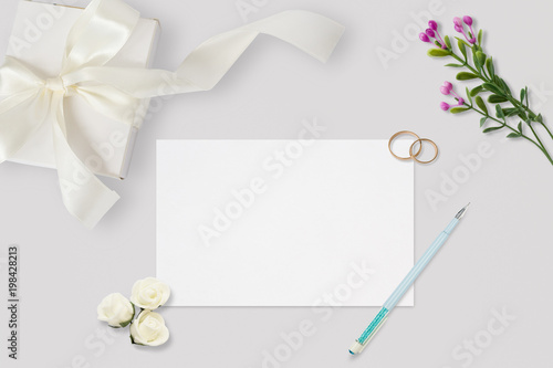 Download Styled Stock Photo Feminine Wedding Desktop Mockup White Roses Satin Ribbon Beads On Pastel Gray Background Copy Space Top View Picture For Blog Buy This Stock Photo And Explore Similar Images PSD Mockup Templates