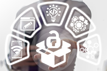 Wall Mural - open source code. coding programming web seo security cms. young business girl offers open padlock w