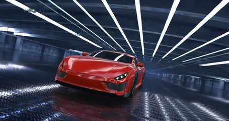 Wall Mural - Luxury concept sports car 3d model in a showroom. Reflections all around.