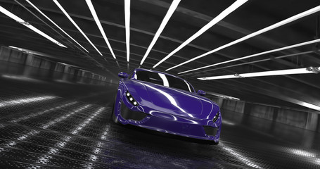 Wall Mural - Luxury purple concept sports car 3d render. Reflections all around.