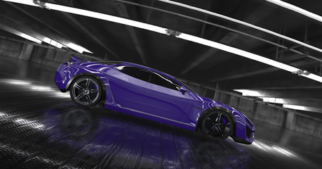 Wall Mural - Luxury purple concept sports car 3d render. Reflections all around.