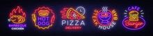 Big Collection Neon Signs On Theme Food. Vector. Set Bright Food Emblems, Neon Food Symbols, Design Template, Barbeque Chicken, Hot Dog, Pizza Delivery, Steak House Bar, Burger Cafe