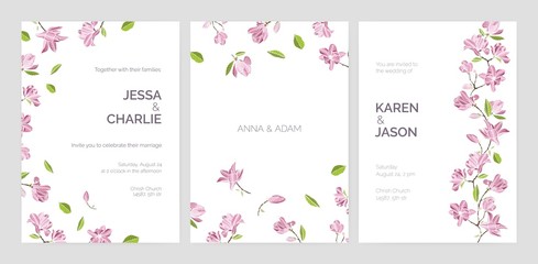 Wall Mural - Set of beautiful wedding party invitation templates decorated with pink blooming magnolia flowers. Bundle of cards with floral decorative elements and place for text. Elegant vector illustration.