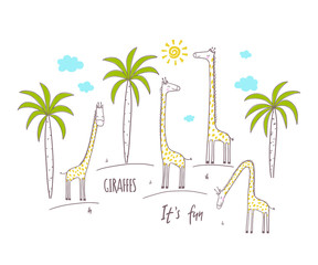 Wall Mural - Cute giraffes and palm trees. Vector illustration for kids