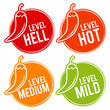 Chili peppers scale mild, medium, hot and hell icons. Eps10 Vector.