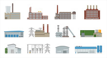 Factory Building Icon Vector Set In Flat Style. Power Plant, Manufacturing, Industrial And Warehouse Buildings. Isolated From Background.