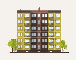 Fototapete - Tall multistory city panel building built in modern architectural style. Urban living house isolated on white background. Real estate architecture and construction. Flat colored vector illustration.