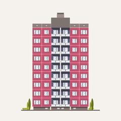 Fototapete - Modern pink prefabricated panel building built in Soviet architectural style. Exterior or facade of residential house with balconies isolated on white background. Flat colorful vector illustration.