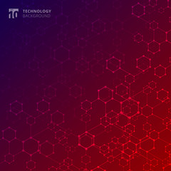 Wall Mural - Abstract geometric technology hexagon with dots lines connection blue and red gradient background.