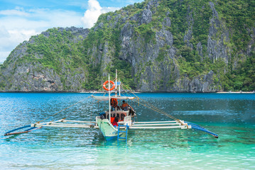 El Nido bay scenic island view with bangka boats, Palawan, Philippines