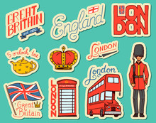 British Vintage Stickers, Crown And Queen, Teapot With Tea, Bus And Royal Guard, London. Badges, Stamps, Emblems. United Kingdom. Country England Label. 80s-90s Comic Style. Engraved Hand Drawn Sketch