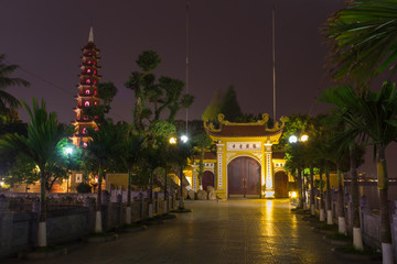 Beautiful night view of the Tran Quoc Pagoda on the small peninsula (The most ancient pagoda in Hanoi, originally constructed in the 6th century), East side of West Lake, Hanoi, Vietnam