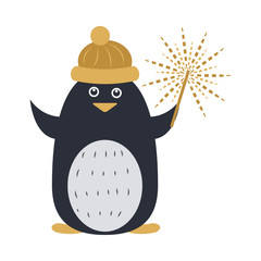 Sticker - Penguin in Yellow Cap and with Sparkler in Hand