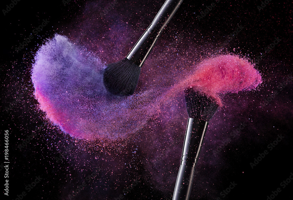 Cosmetic Brushes And Explosion Colorful Powders. - obrazy, fototapety, plakaty 