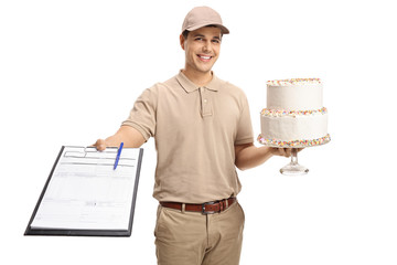 Sticker - Delivery guy with a clipboard and a cake