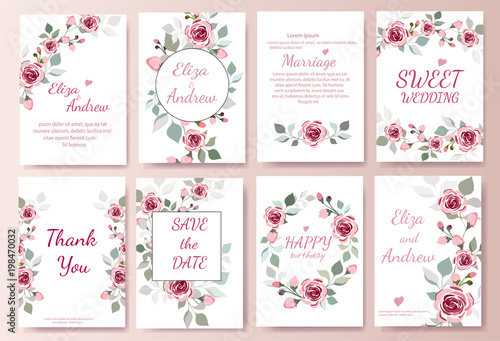 Set of card with flower rose, leaves. Wedding ornament concept. Floral magazi...