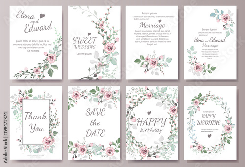 Set of card with flower rose, leaves. Wedding ornament concept. Floral magazi...