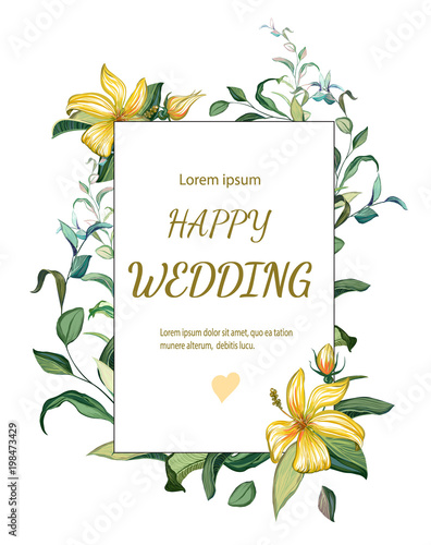 botanic card with flower rose, leaves. Wedding ornament concept. Floral poste...