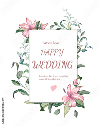 botanic card with flower rose, leaves. Wedding ornament concept. Floral poste...