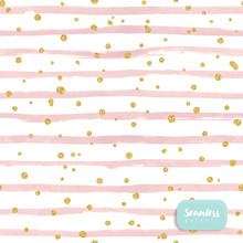 Vector Watercolor Pink Stripes, With Gold Glitter Circle On White Background. Seamless Pattern.