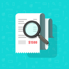 Wall Mural - receipt with magnifying glass vector illustration, flat cartoon tax bill document analysis, concept 