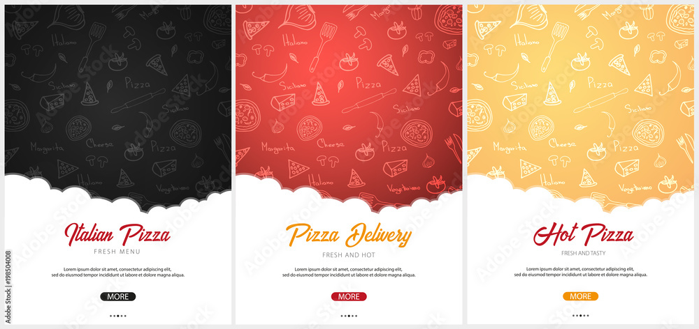 Set of Pizza food menu for restaurant and cafe. Poster with hand-drawn graphic elements in doodle style. Vector Illustration - obrazy, fototapety, plakaty 