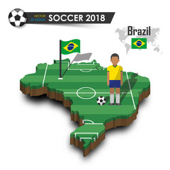 brazil national soccer team . football player and flag on 3d design country map . isolated backgroun