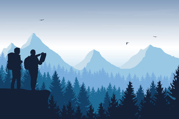 Wall Mural - tourist, man and woman with backpacks and a map looking for a trip in a mountain landscape with fore